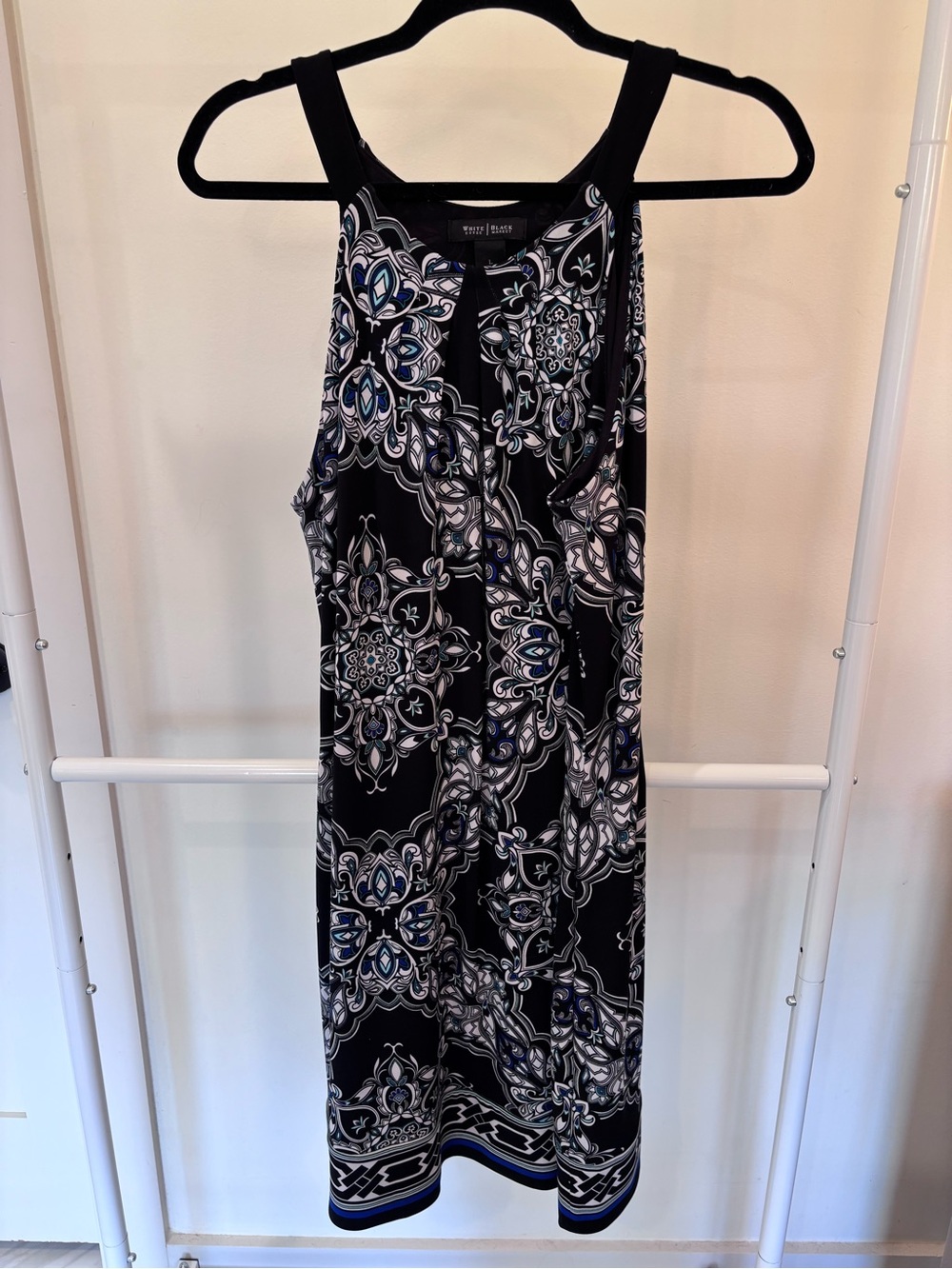 White House Black Market Black Dress with Blue and White Medallion Print